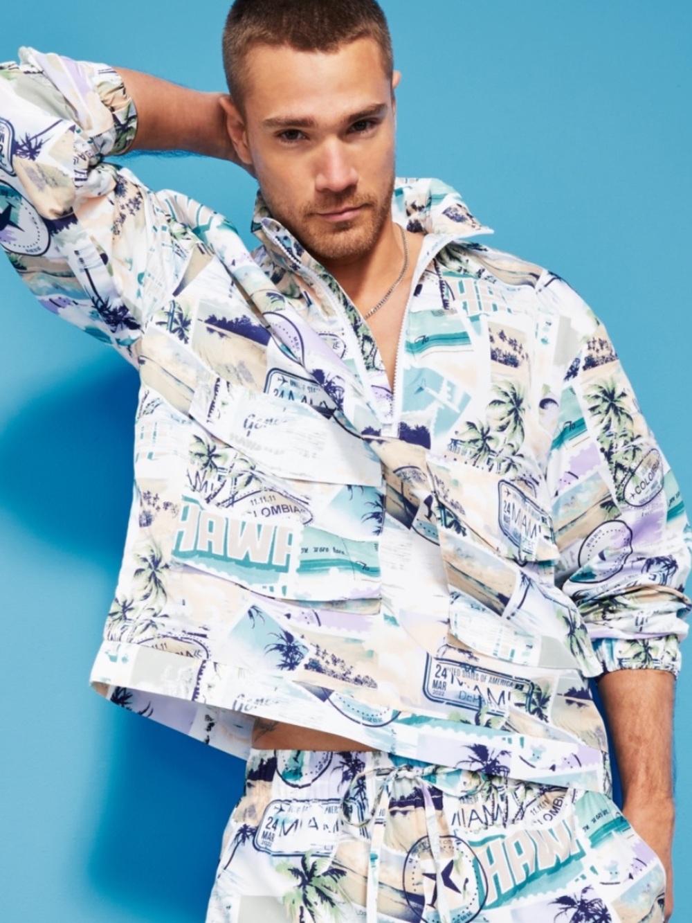 Royalty by Maluma Men's Hawaiian Half-Zip Graphic Print Pullover Jacket M $130